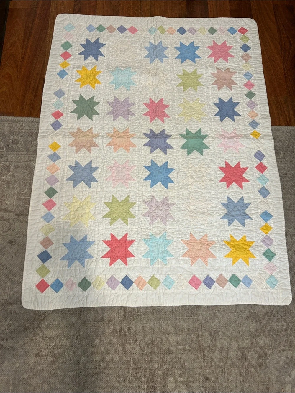 Vintage Claire Murray Handmade Star Patchwork Baby Quilt in Pastel Colors